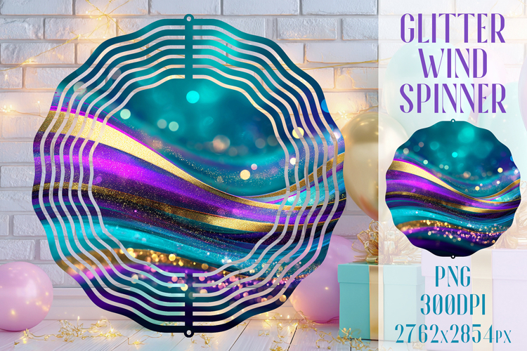 Glitter Wind Spinner Sublimation. Teal Violet Golden Waves