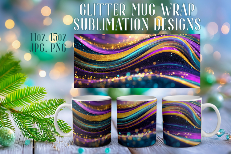 Glitter Mug Sublimation: Colorful Gold Waves Design Cup Wrap