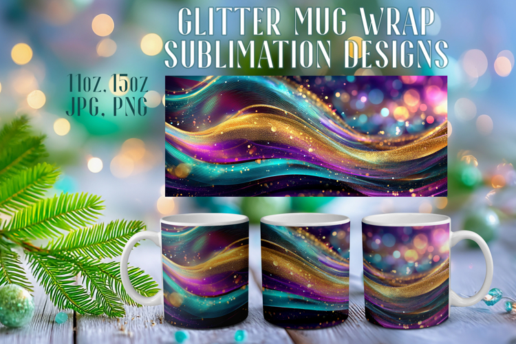 Glitter Mug Sublimation: Colorful Gold Waves Design Cup Wrap