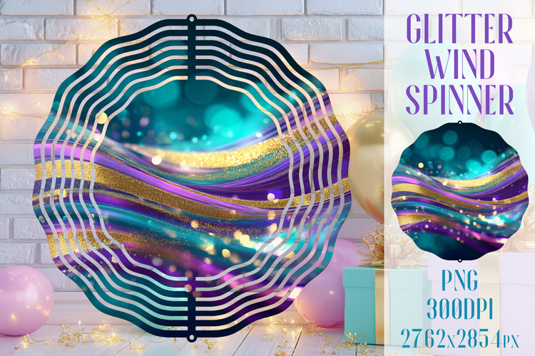 Glitter Wind Spinner Sublimation. Teal Violet Golden Waves