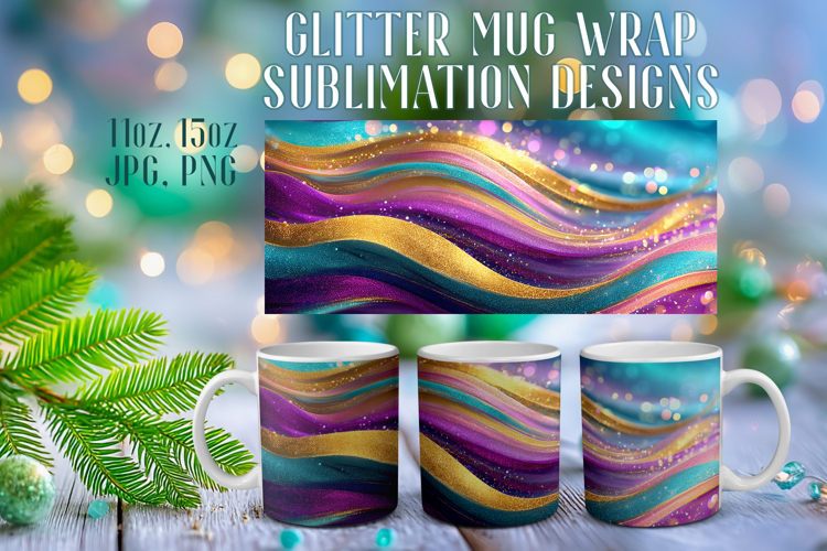 Glitter Mug Sublimation |Colorful Gold Waves Design Cup Wrap