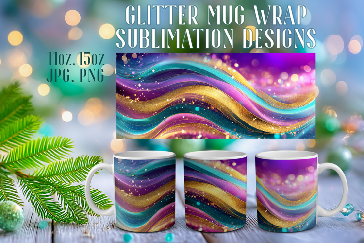 Glitter Mug Sublimation |Colorful Gold Waves Design Cup Wrap