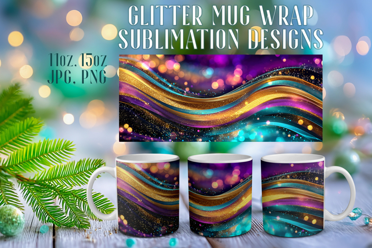 Glitter Mug Sublimation: Colorful Gold Waves Design Cup Wrap