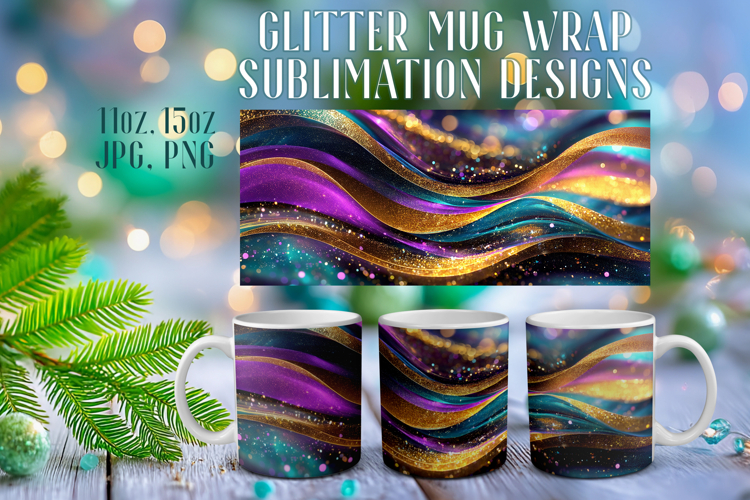 Glitter Mug Sublimation: Colorful Gold Waves Design Cup Wrap