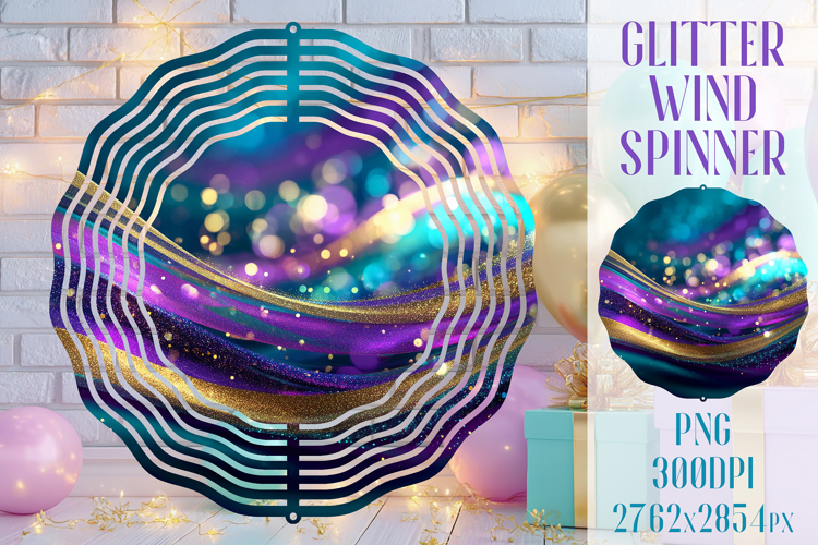 Glitter Wind Spinner Sublimation. Teal Violet Golden Waves