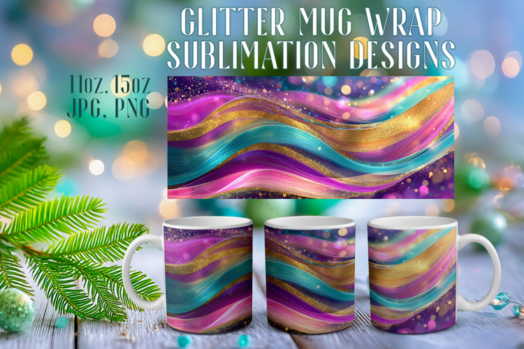 Glitter Mug Sublimation |Colorful Gold Waves Design Cup Wrap