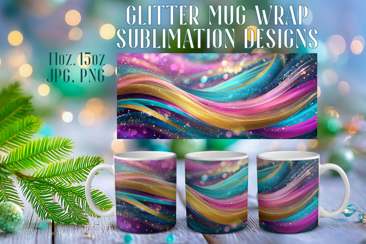 Glitter Mug Sublimation |Colorful Gold Waves Design Cup Wrap