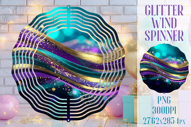 Glitter Wind Spinner Sublimation. Teal Violet Golden Waves