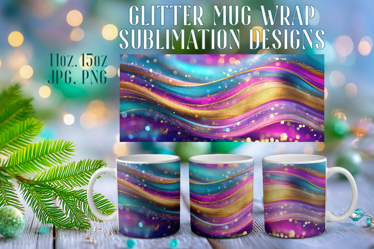 Glitter Mug Sublimation |Colorful Gold Waves Design Cup Wrap