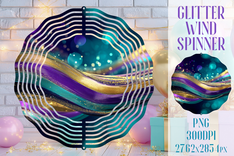 Glitter Wind Spinner Sublimation. Teal Violet Golden Waves