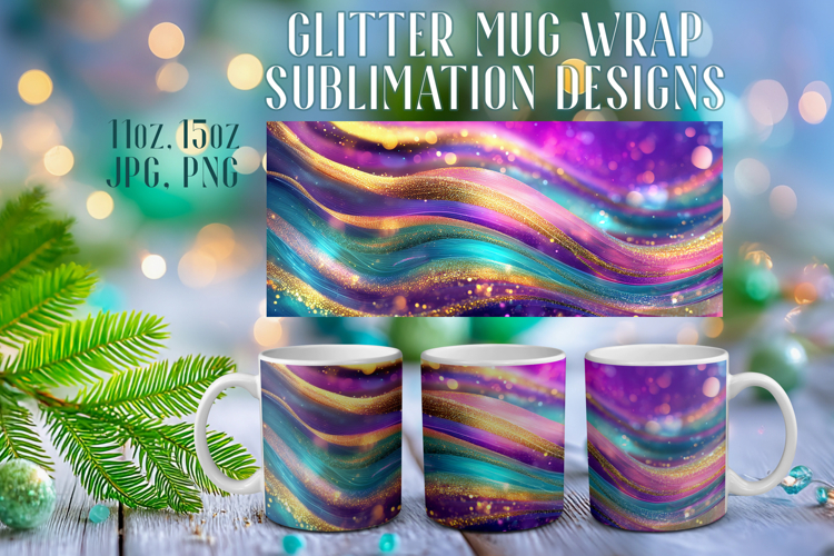 Glitter Mug Sublimation |Colorful Gold Waves Design Cup Wrap