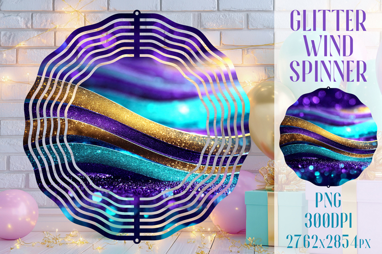 Glitter Wind Spinner Sublimation. Teal Violet Golden Waves