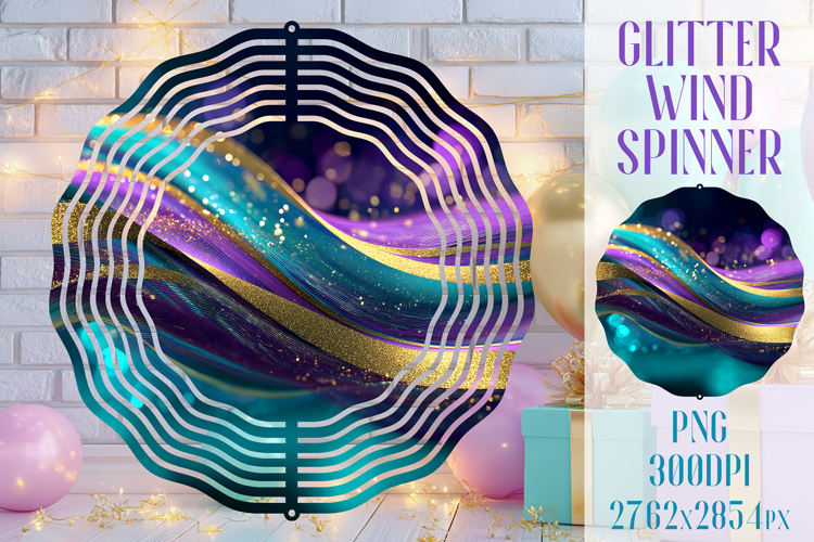 Glitter Wind Spinner Sublimation. Teal Violet Golden Waves example image 1