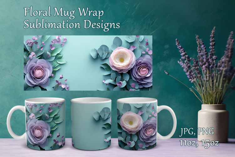 Flowers Design Mug Sublimation. Paper Floral Cup Mug Wrap