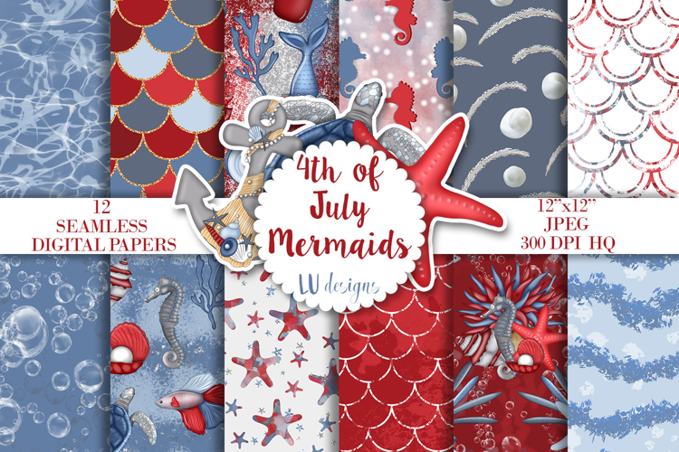 4th of July Mermaids Seamless Patterns, Patriotic Background