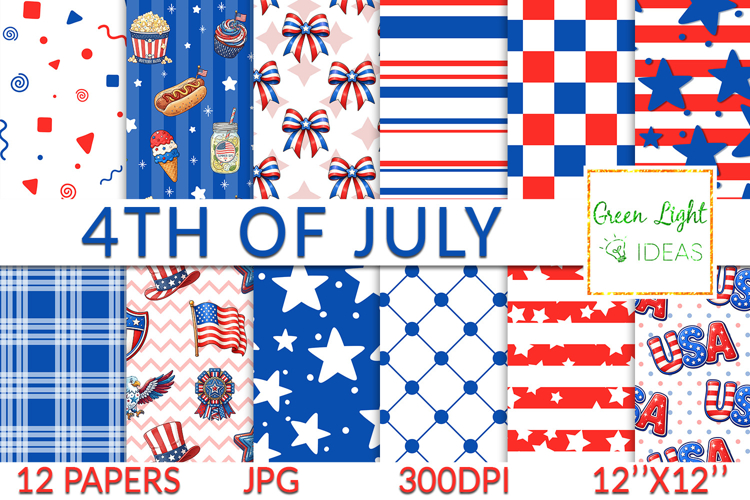 4th of July Digital Papers, Patriotic Backgrounds, USA Flag example image 1