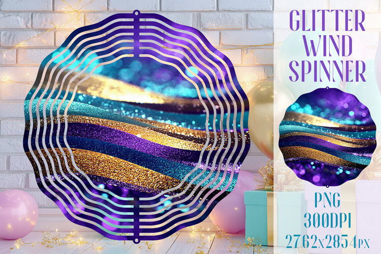 Glitter Wind Spinner Sublimation. Teal Violet Golden Waves