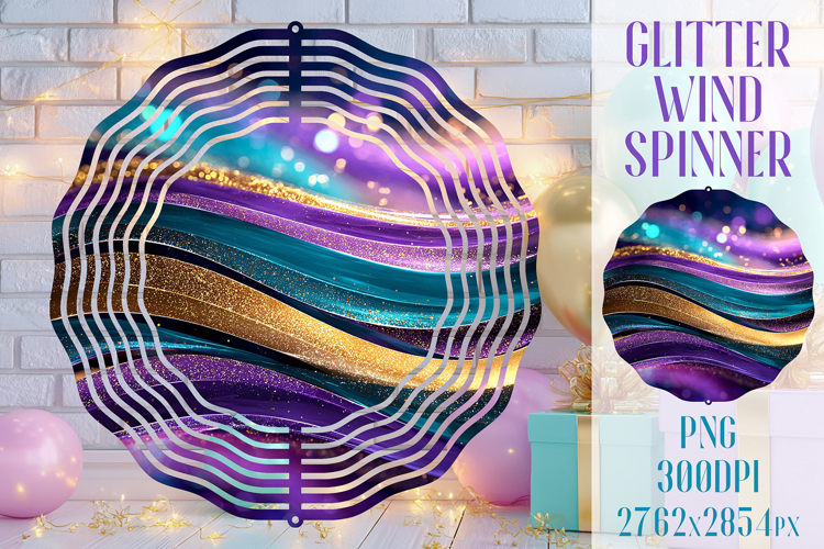 Glitter Wind Spinner Sublimation. Teal Violet Golden Waves example image 1