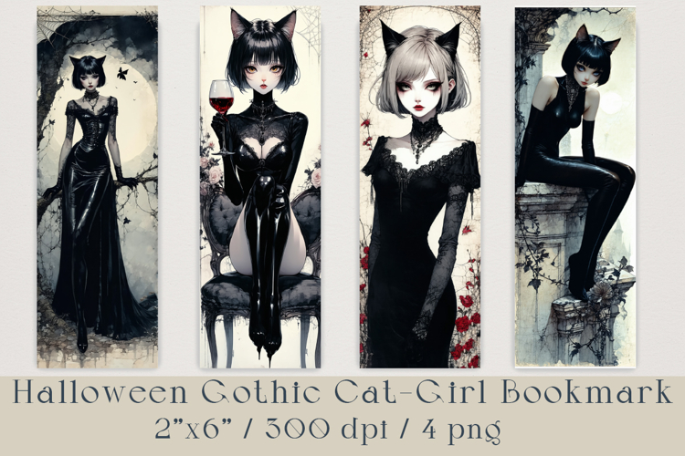 Gothic Cat Girl Bookmarks, 4 png