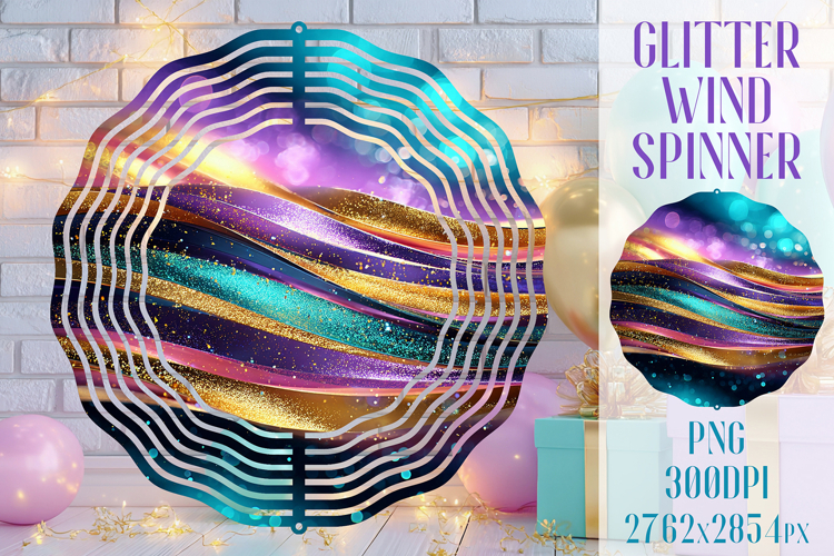 Glitter Wind Spinner Sublimation. Teal Violet Golden Waves example image 1