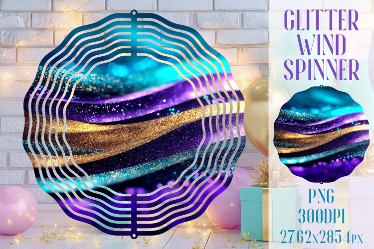Glitter Wind Spinner Sublimation. Teal Violet Golden Waves