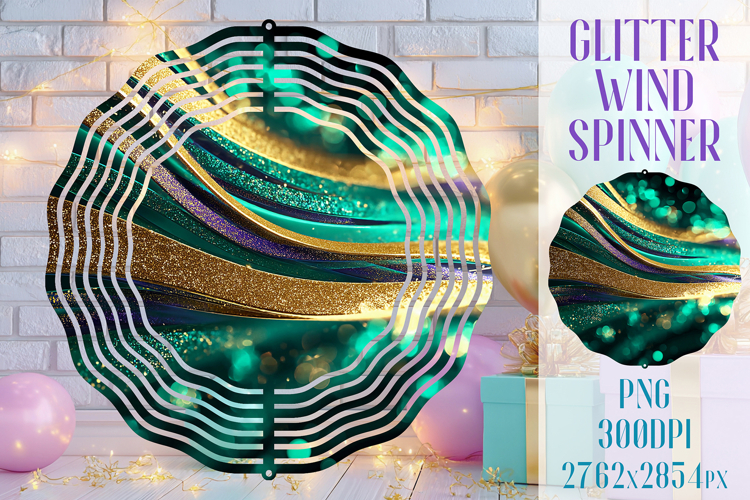 Glitter Wind Spinner Sublimation. Emerald Gold Waves Spinner