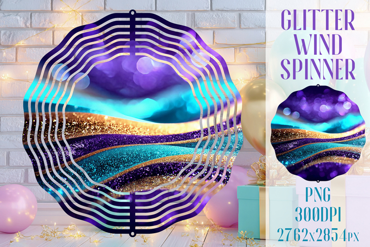 Glitter Wind Spinner Sublimation. Teal Violet Golden Waves