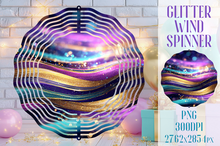 Glitter Wind Spinner Sublimation. Teal Violet Golden Waves example image 1