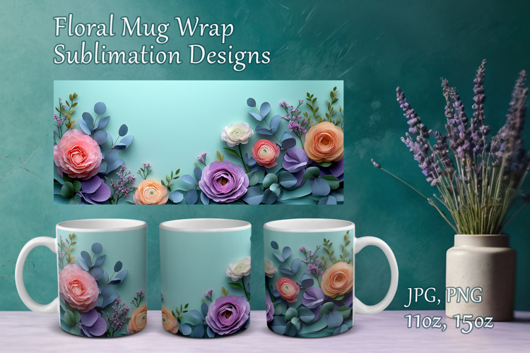 Paper Flowers Mug Sublimation. Floral Design Cup Mug Wrap