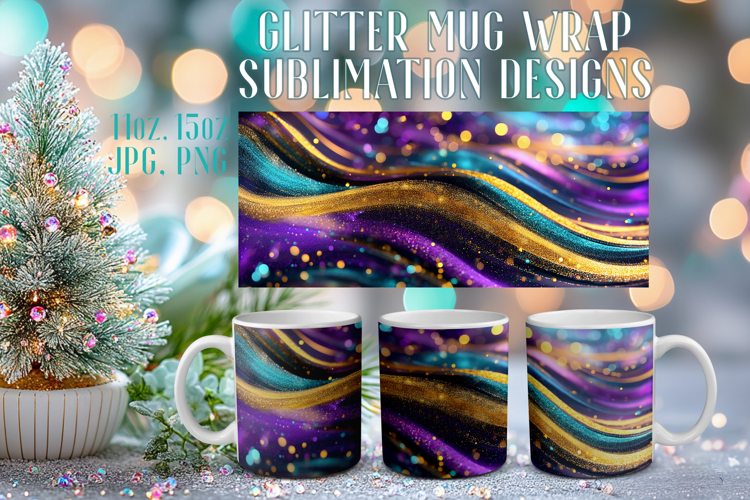 Glitter Mug Sublimation |Colorful Gold Waves Design Cup Wrap