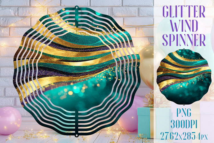 Glitter Wind Spinner Sublimation. Emerald Gold Waves Spinner