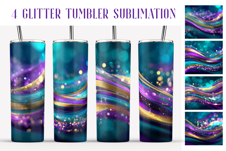 Glitter Tumbler Sublimation. Violet Teal Gold Waves Tumbler