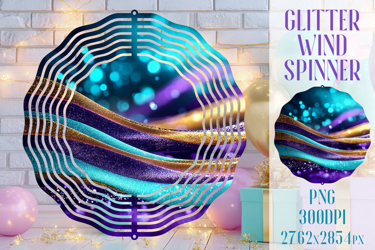Glitter Wind Spinner Sublimation. Teal Violet Golden Waves