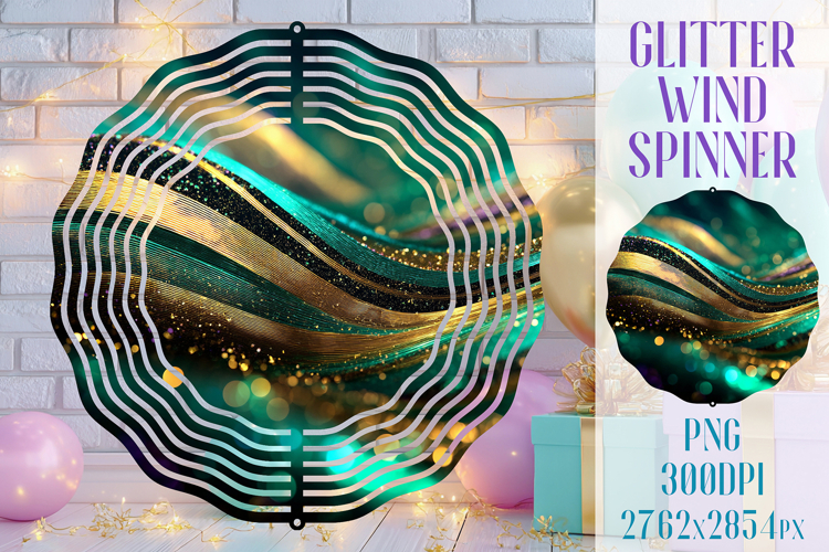 Glitter Wind Spinner Sublimation. Emerald Gold Waves Spinner
