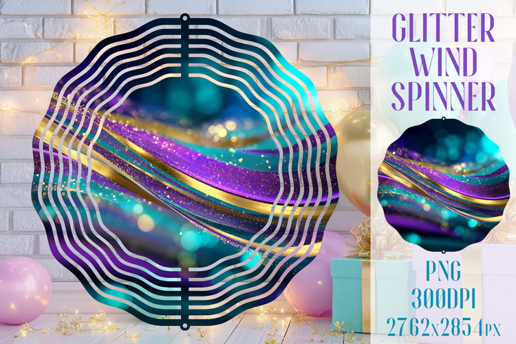 Glitter Wind Spinner Sublimation. Teal Violet Golden Waves example image 1