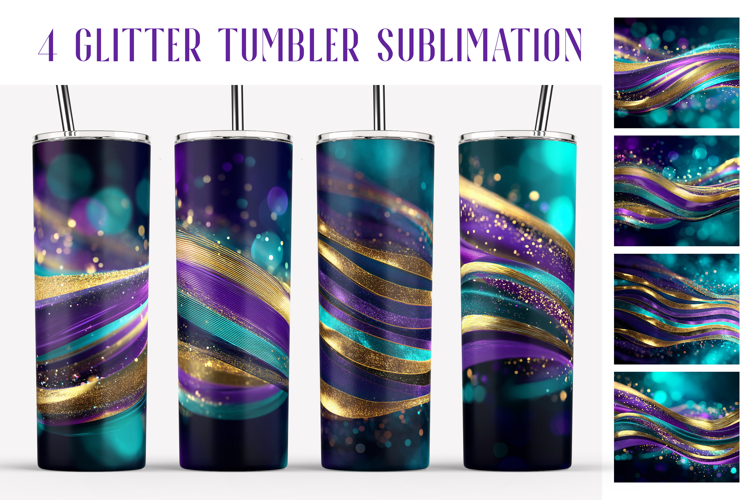 Glitter Tumbler Sublimation. Violet Teal Gold Waves Tumbler
