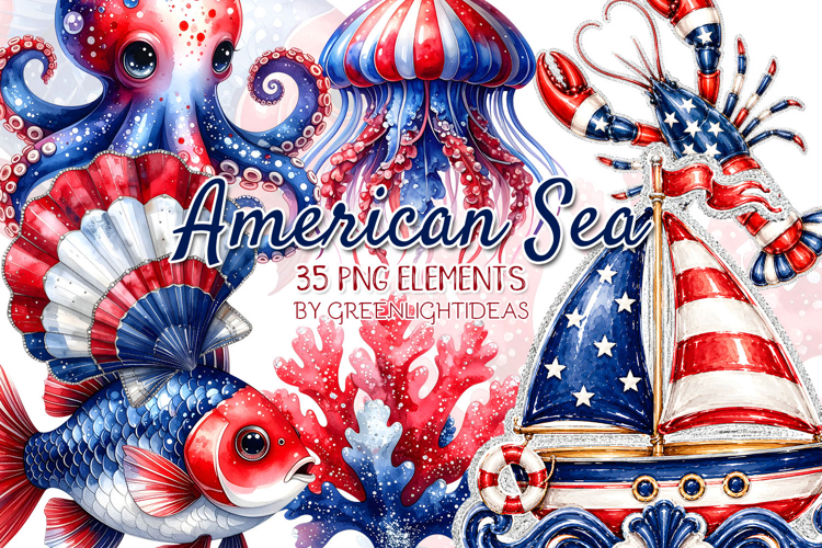 4th of July Sea Animals Clipart, Nautical Patriotic Graphics