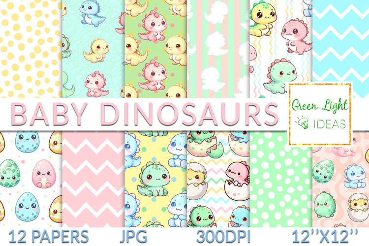 Cute Baby Dinosaurs Digital Papers, Dino Seamless Patterns