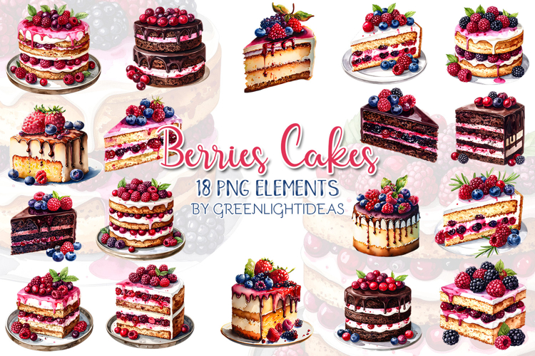 Watercolor Berries Cakes Clipart, Raspberry Cakes Graphics