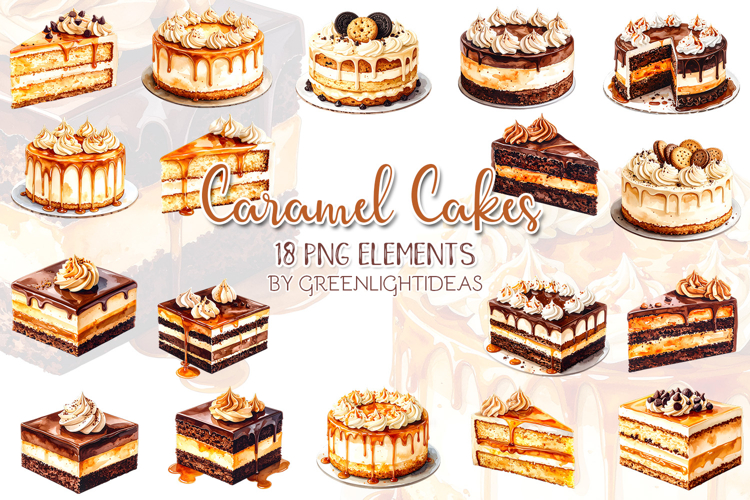 Caramel Cakes Clipart, Watercolor Desserts Graphics