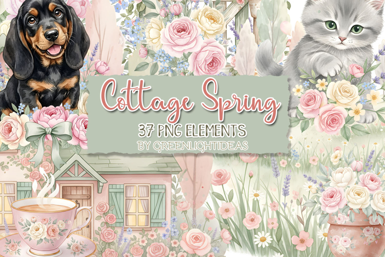 Cottage Spring Clipart, Cute Easter Graphics, Flowers PNG