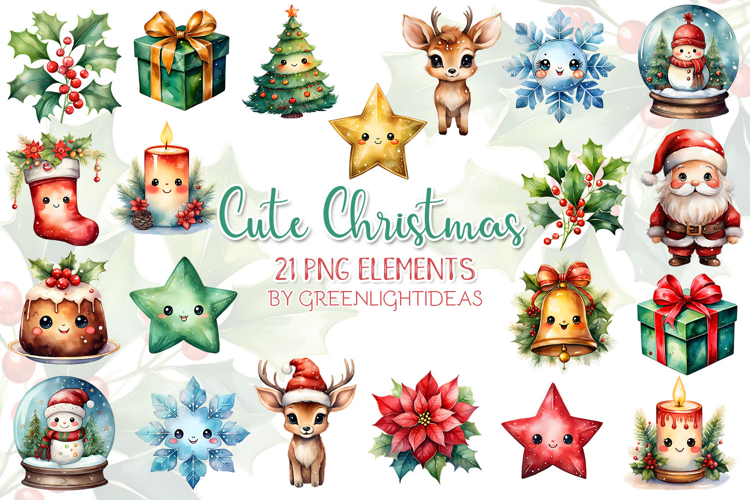 Watercolor Cute Kawaii Christmas Clipart, Holidays Graphics