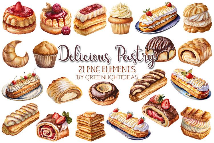 Watercolor Pastry Clipart, Desserts Graphics PNG, Sweet Food