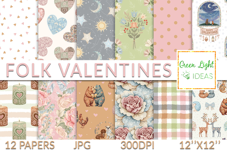 Folk Valentines Seamless Patterns, Love Animals Backgrounds