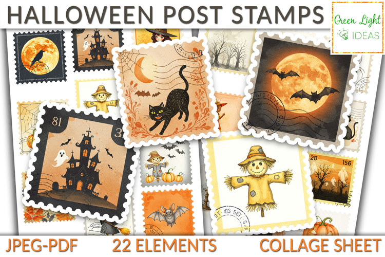 Halloween Postage Stamps Collage Sheet, Spooky Junk Journal