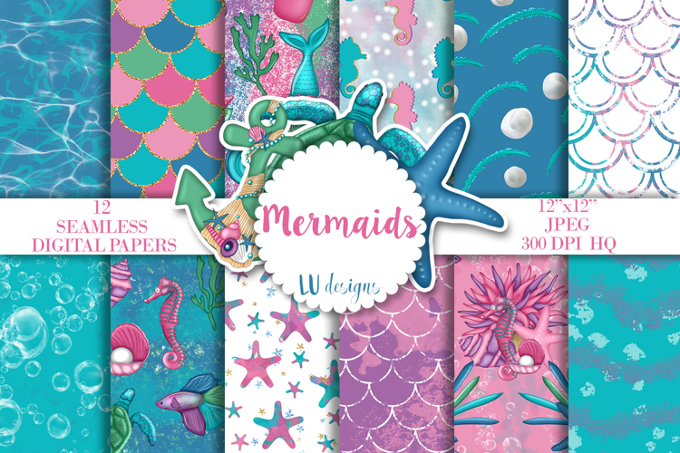 Mermaids Seamless Patterns, Sea Backgrounds, Fish Scales