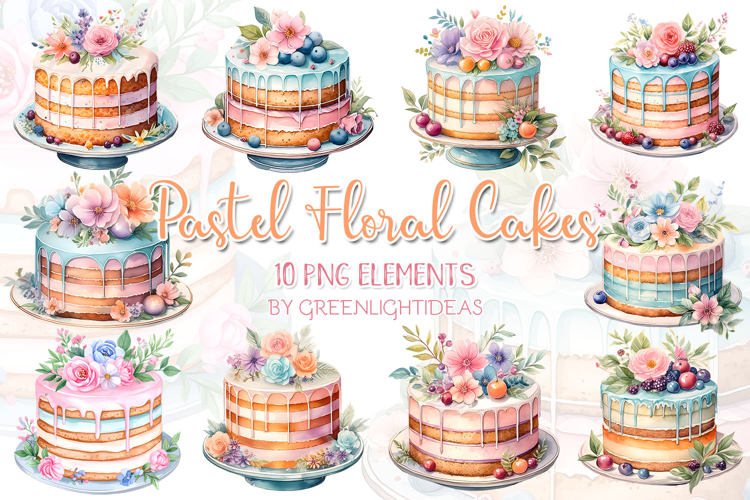 Pastel Floral Cakes Clipart, Birthday Cakes Illustrations