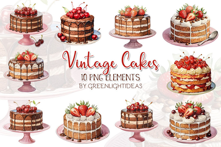 Watercolor Vintage Cakes Clipart, Retro Cakes Illustrations