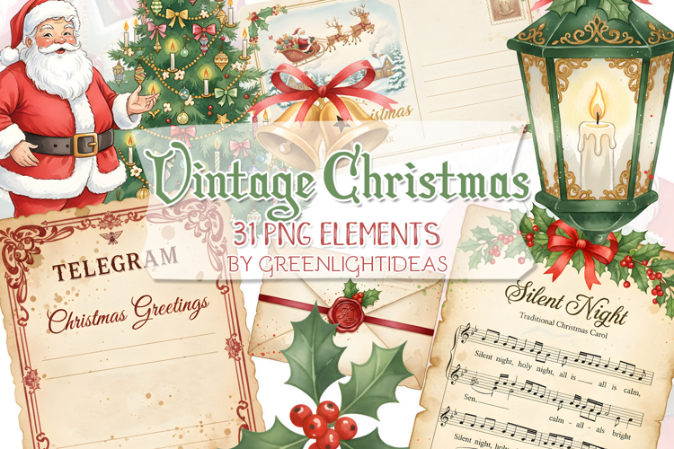 Vintage Christmas Junk Journal Ephemera, Holidays Clipart
