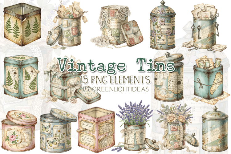 Vintage Shabby Tins Clipart, Antique Floral Cans Designs
